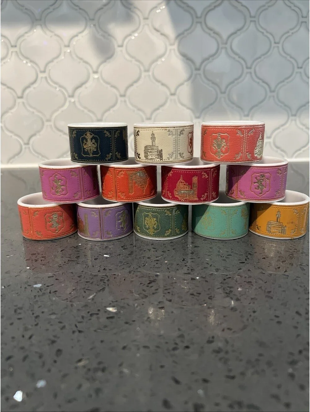 Vintage 12 Plastic Leather Wrapped Napkin Rings Fleur de Le Blue Red Gold